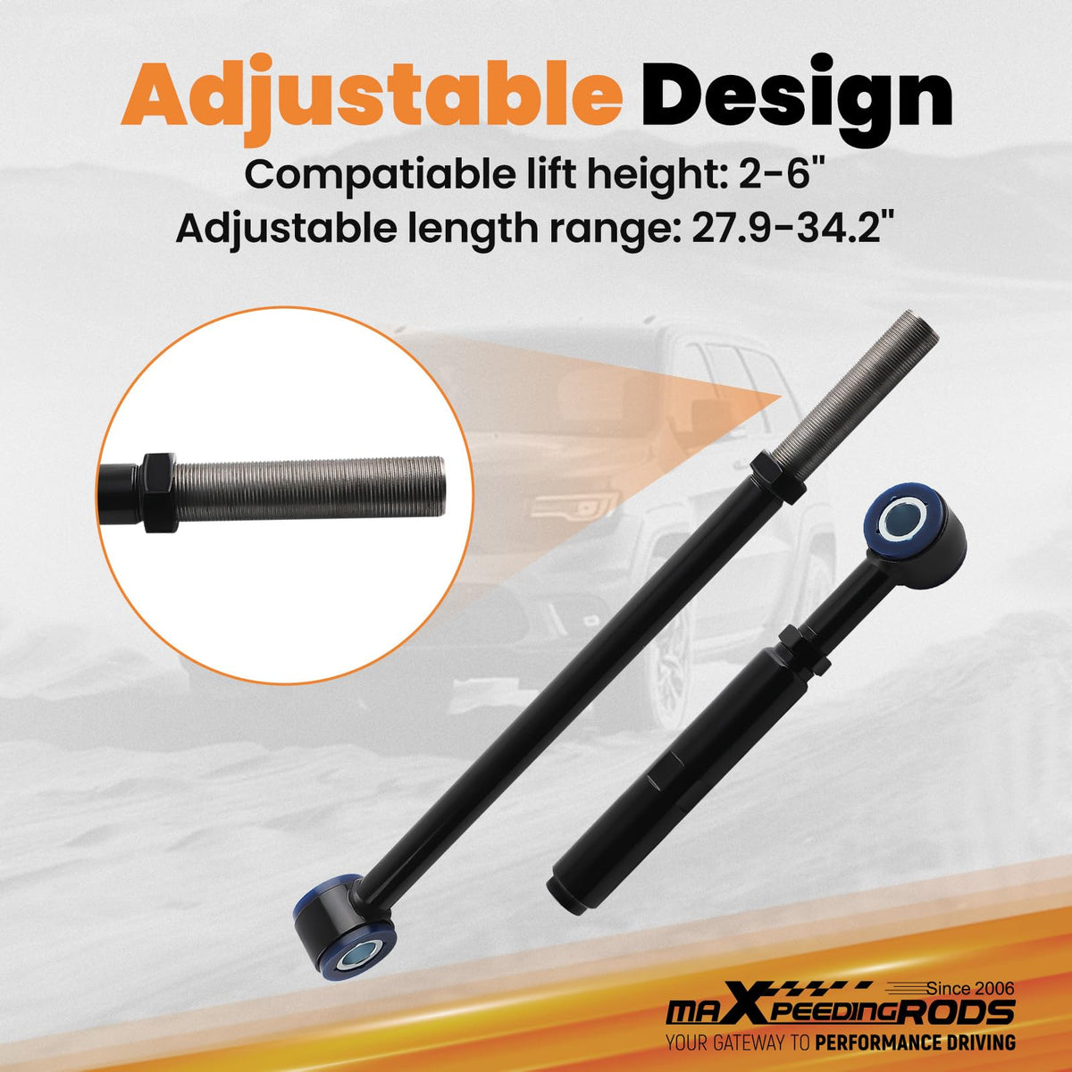 maXpeedingrods size comparison with ruler showing fitment range for lifts