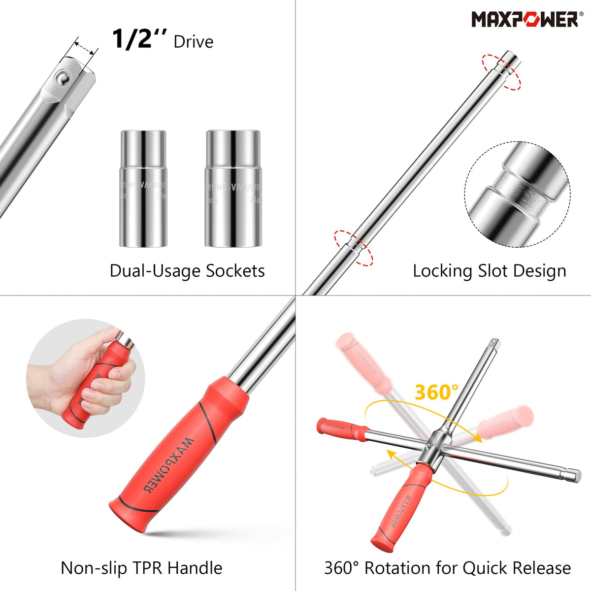MAXPOWER detail of double-ended 17/19mm and 21/23mm socket heads for fit range