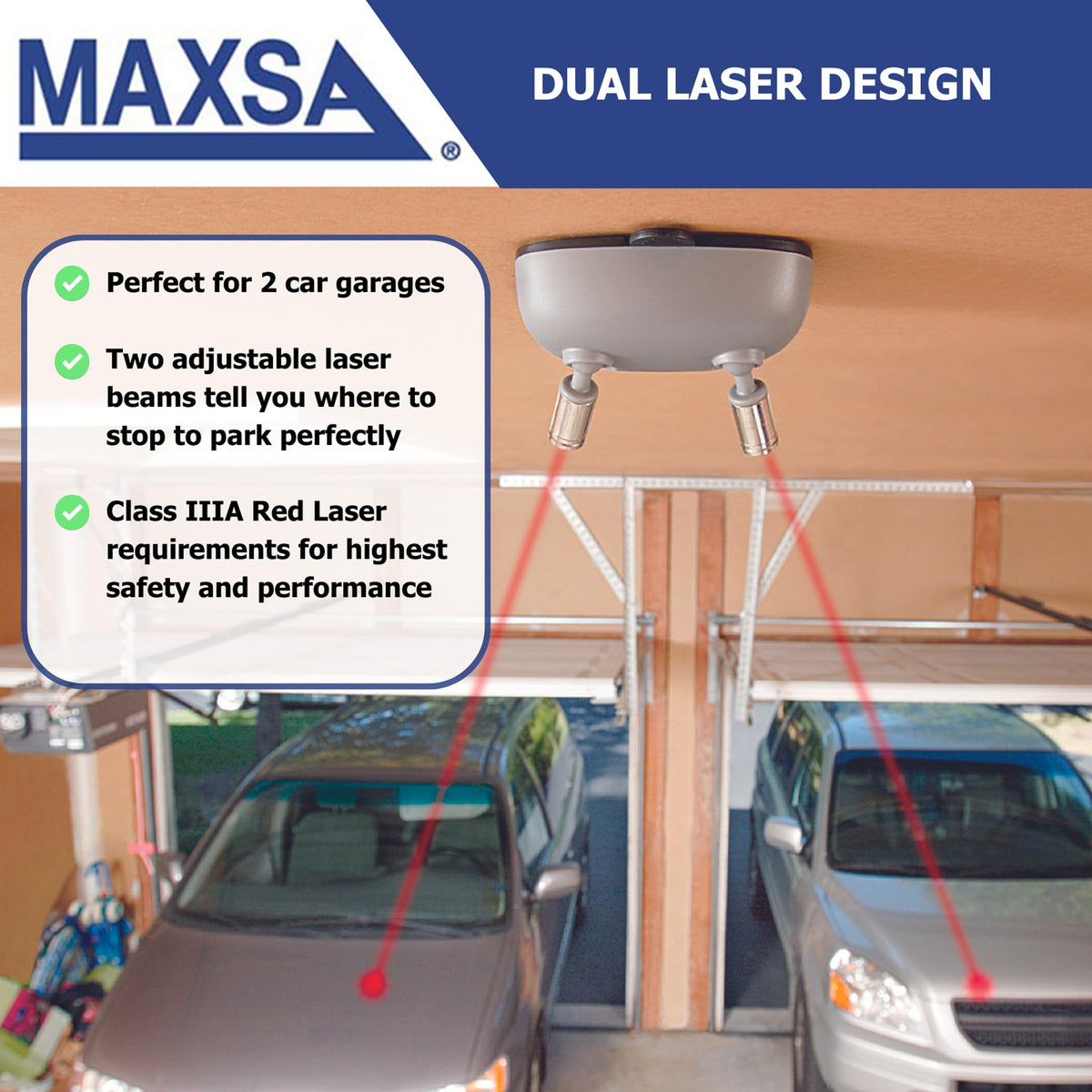 MAXSA in a two-car garage demonstrating separate targets for each parked vehicle