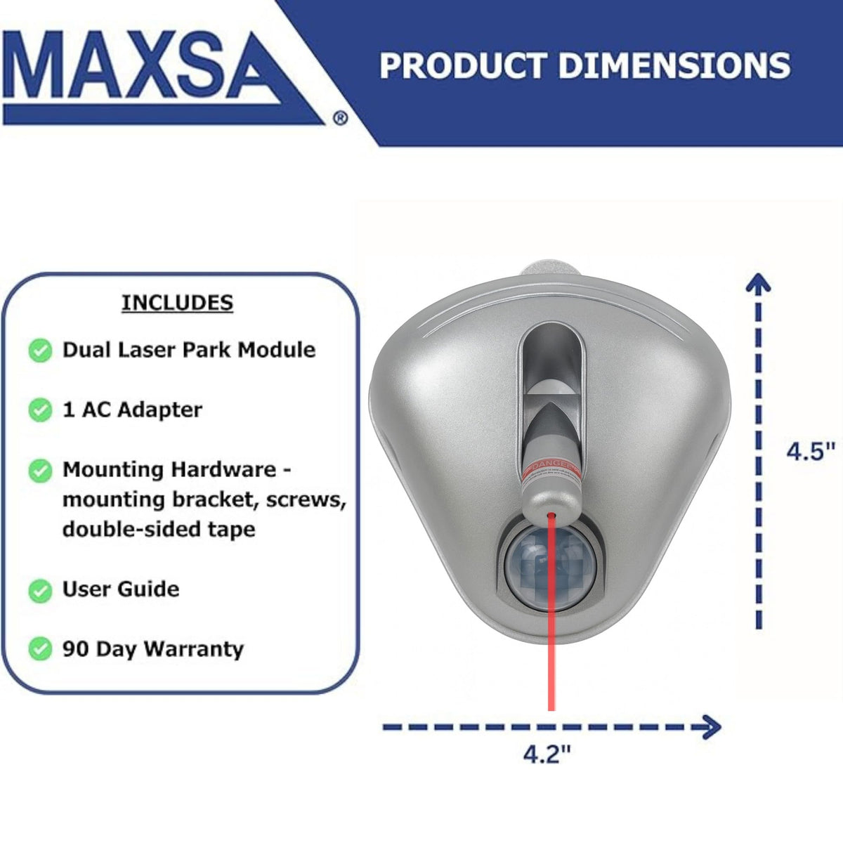 Maxsa Innovations close-up of laser emitter showing clear red dot for precise parking