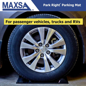 Maxsa mat beside car tire showing size and fit for passenger vehicles