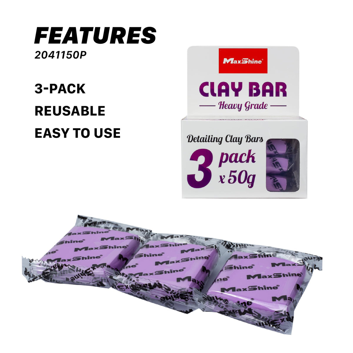 Maxshine clay bar close-up texture revealing pliable heavy-grade surface for contaminant removal