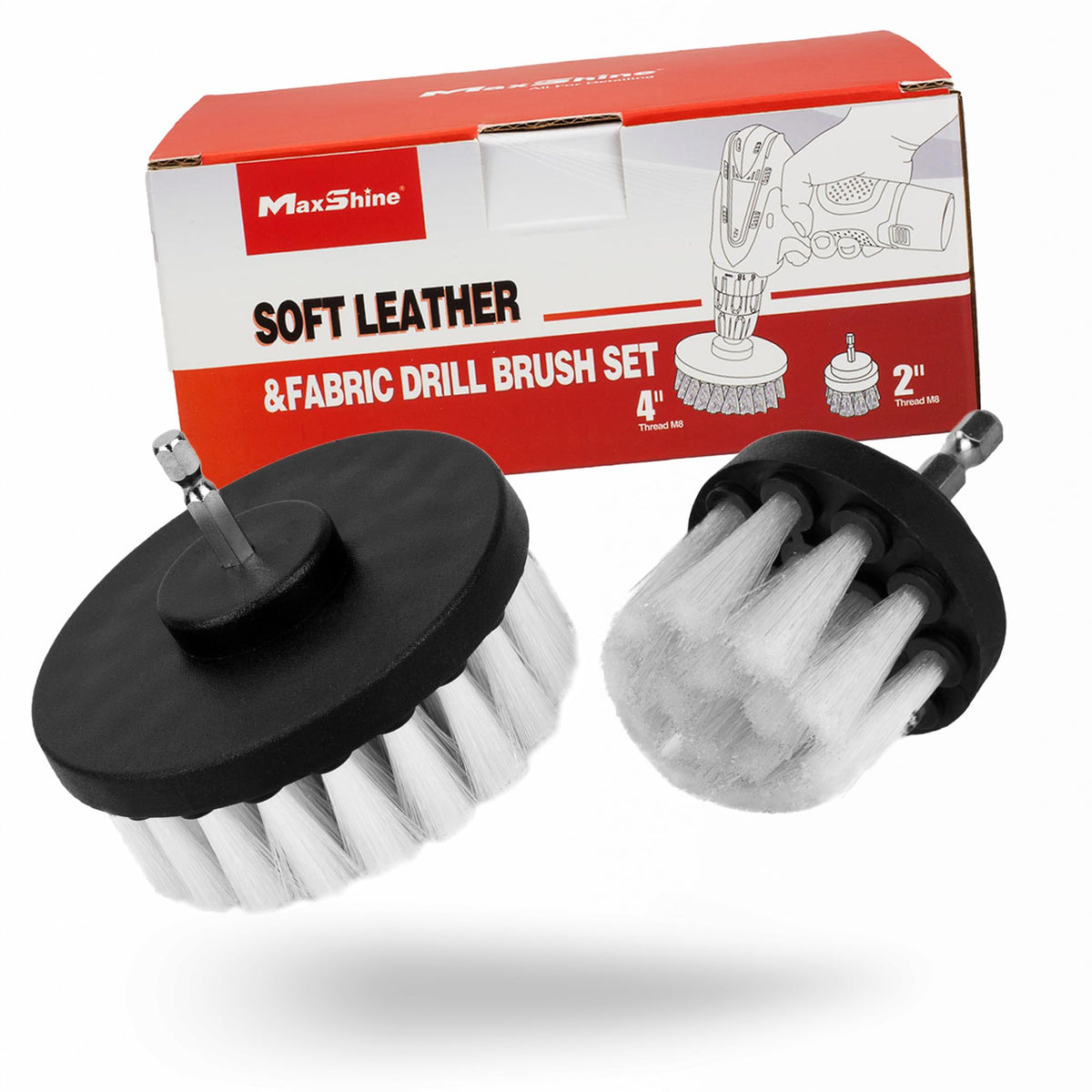 Maxshine front view of brush kit showing two sizes and benefits of gentle cleaning