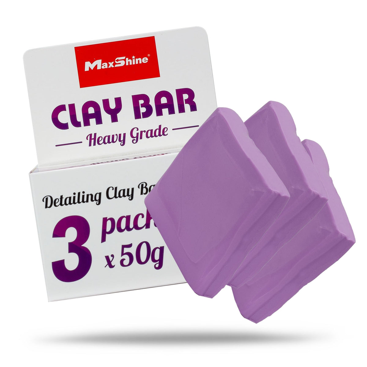 Maxshine front packaging showing three 50g heavy-grade clay bars and value pack benefit