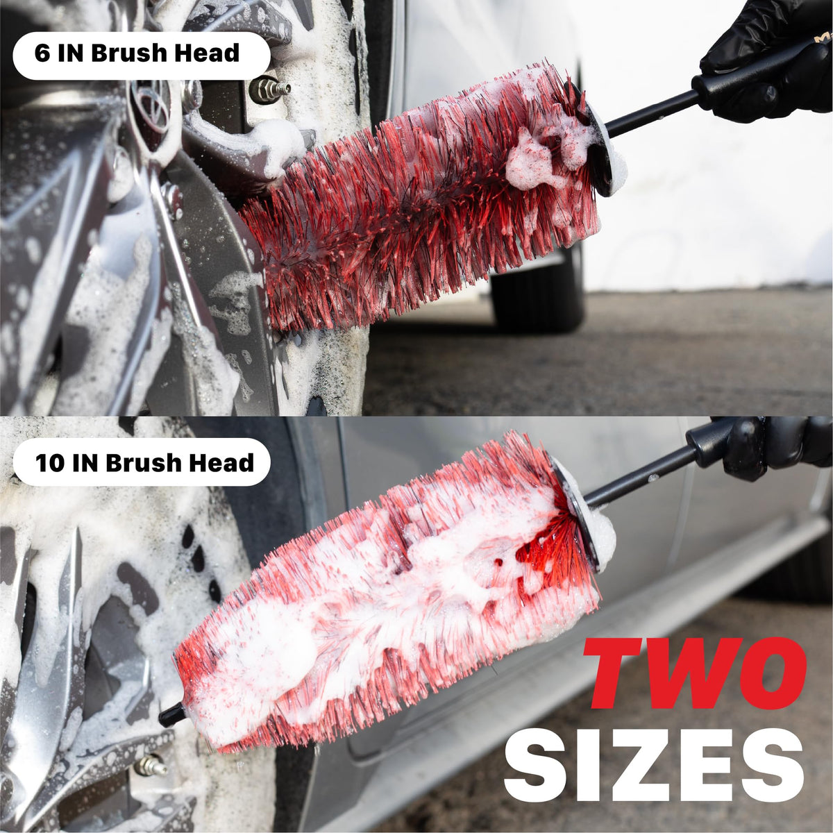 Maxshine brush beside a cleaned wheel and tire in garage lifestyle setting, professional results