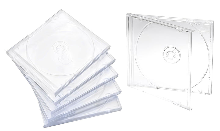 Maxtek front-closed clear jewel case showcasing visible disc artwork and protection