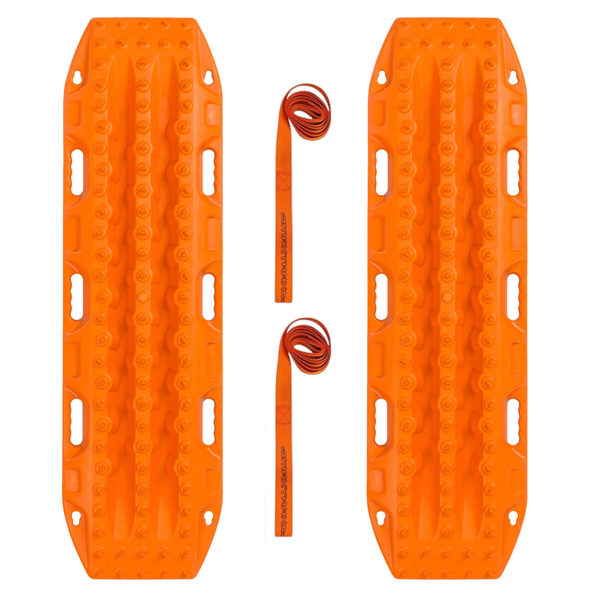 Maxtrax MKII front view showing bright orange board and cleats for quick visibility