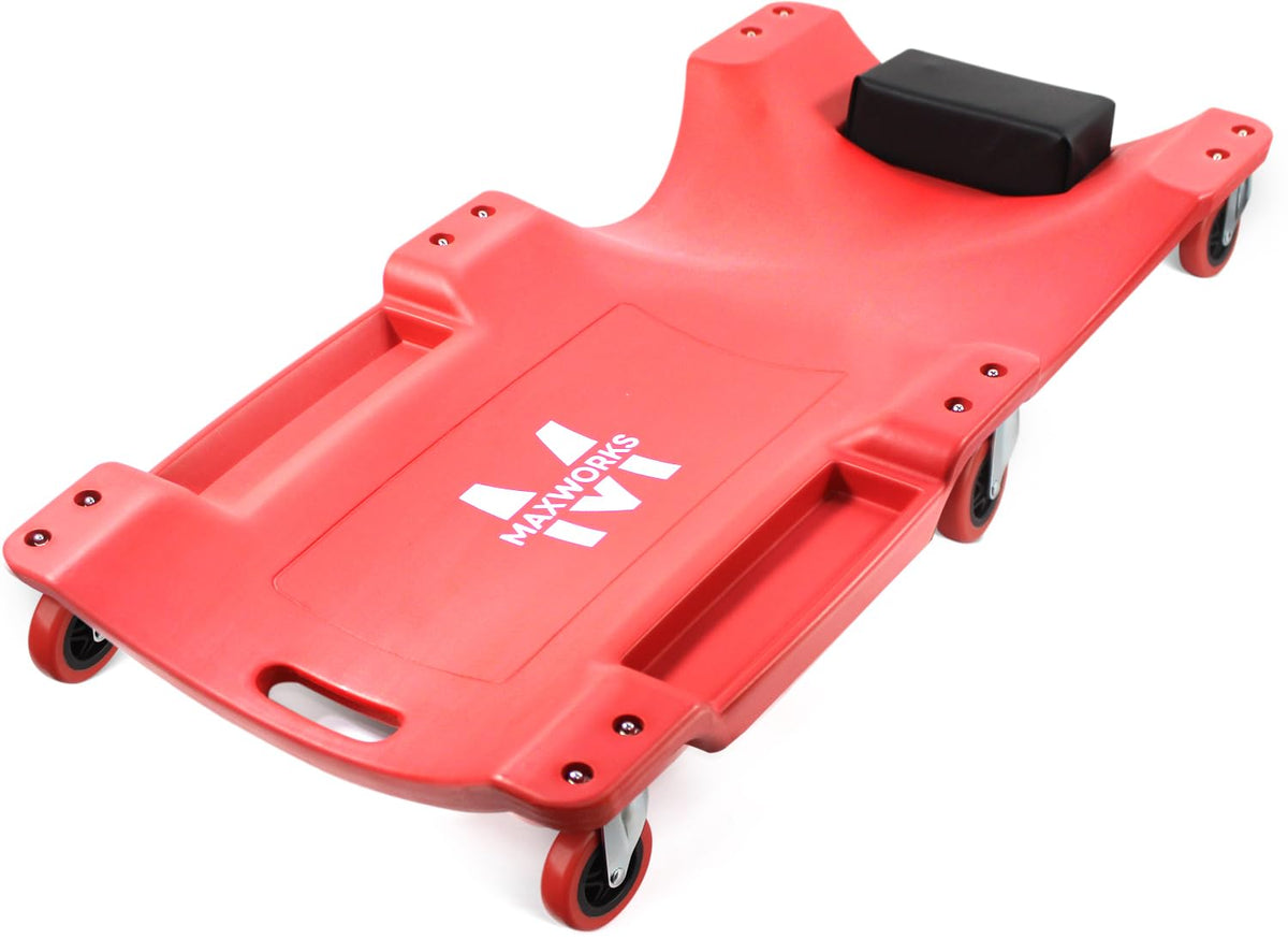 MAXWORKS front view of 40-inch creeper showing wide platform and stability benefit