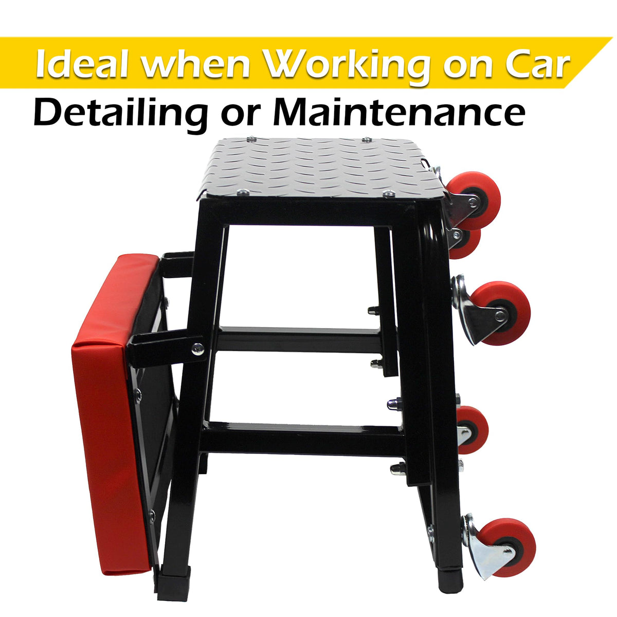 MaxWorks dimension comparison next to tool chest showing compact storage advantage