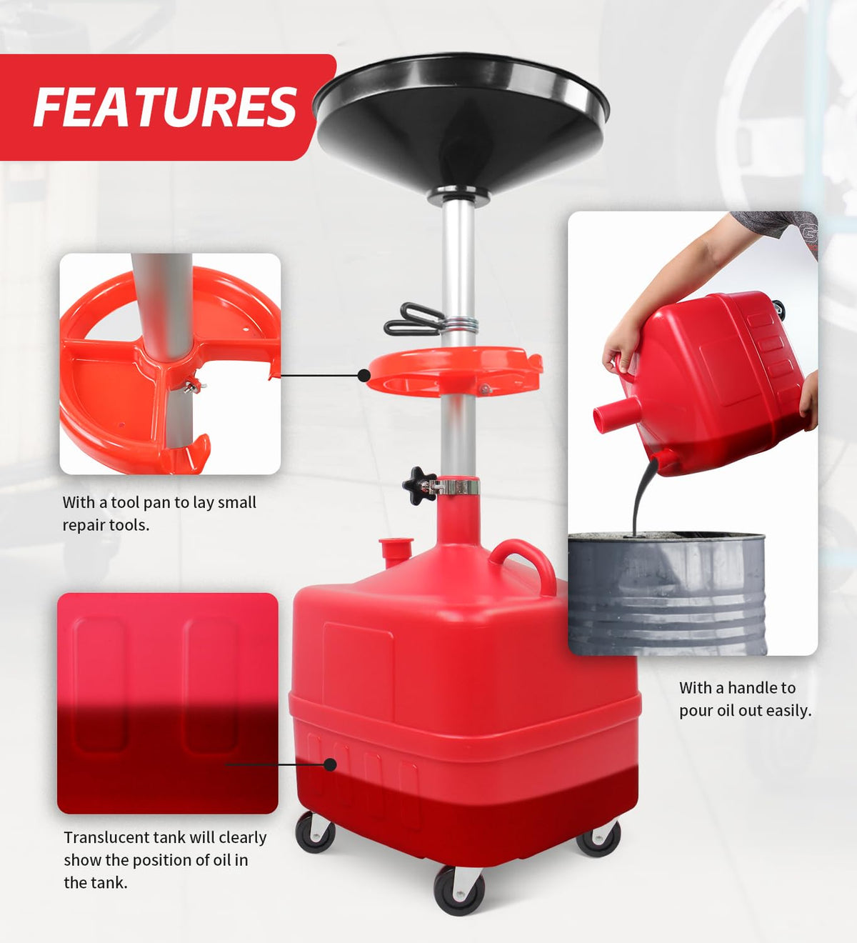 MaxWorks adjustable aluminum funnel close-up with clamp showing height versatility
