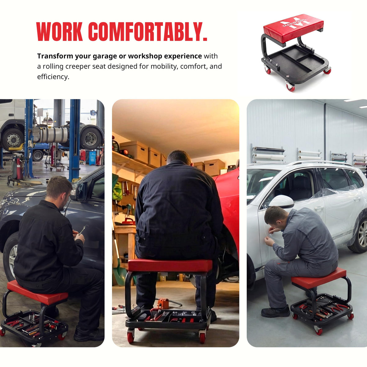MaxWorks roller seat in garage setting improving efficiency and comfort while working