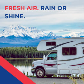 MaxxAir Maxxfan Deluxe installed on RV roof demonstrating weatherproof ventilation benefit