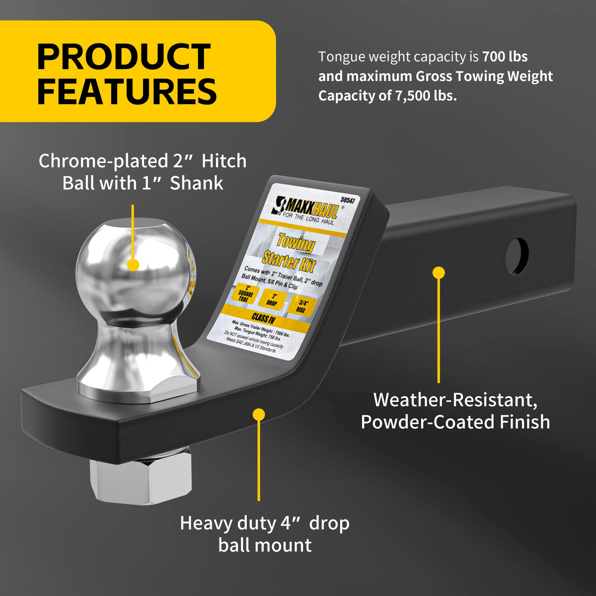 MAXXHAUL chrome 2-inch hitch ball close-up showing forged construction and corrosion resistance benefit