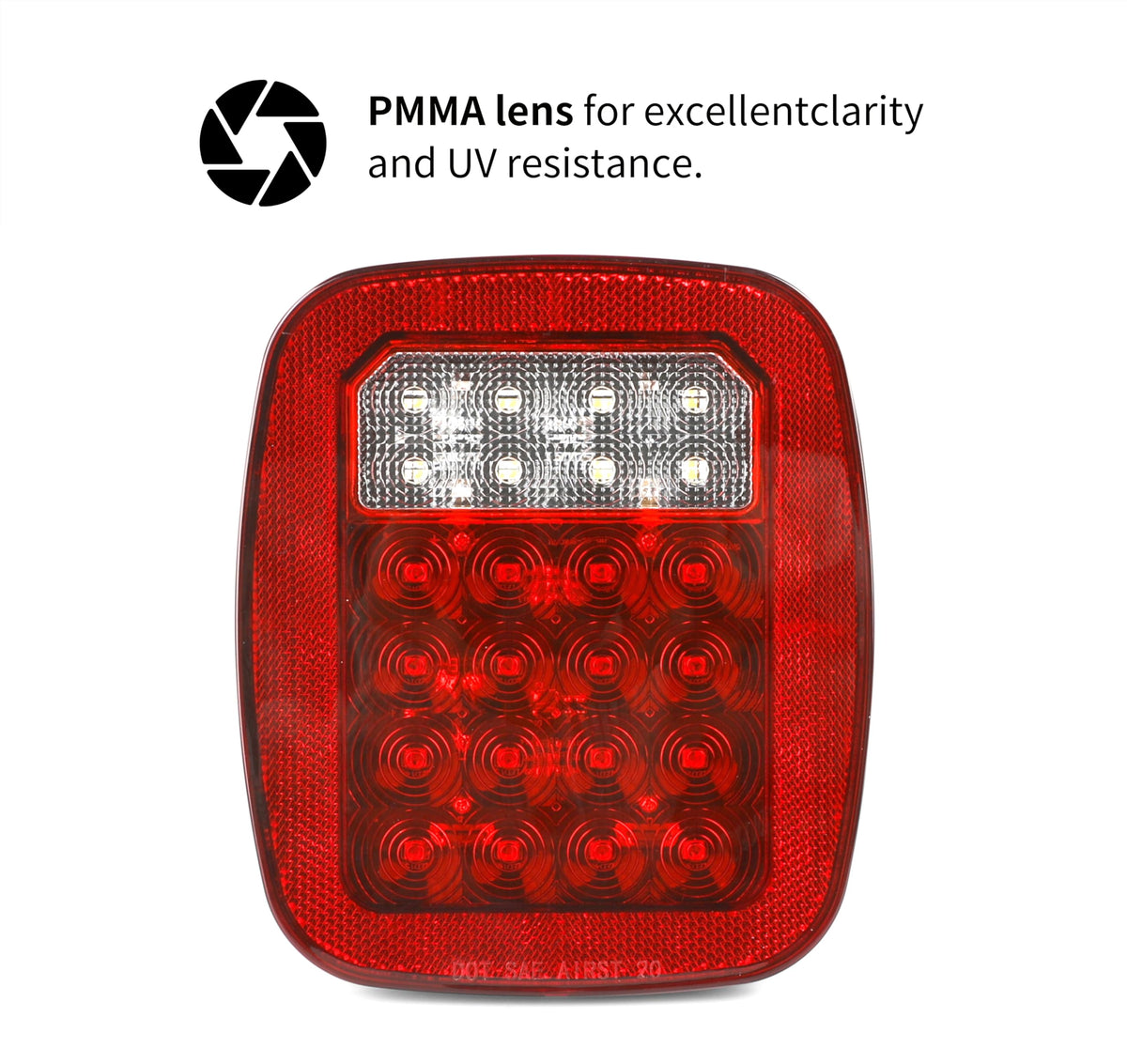 MAXXHAUL lens close-up highlighting PMMA clarity and UV-resistant durability