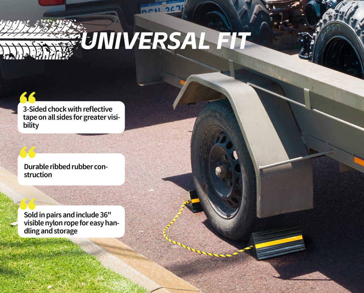 MAXXHAUL wheel chock in use beside RV demonstrating secure placement