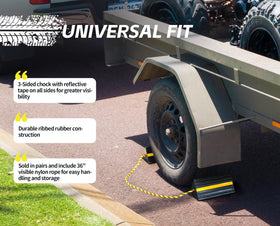 MAXXHAUL wheel chock in use beside RV demonstrating secure placement