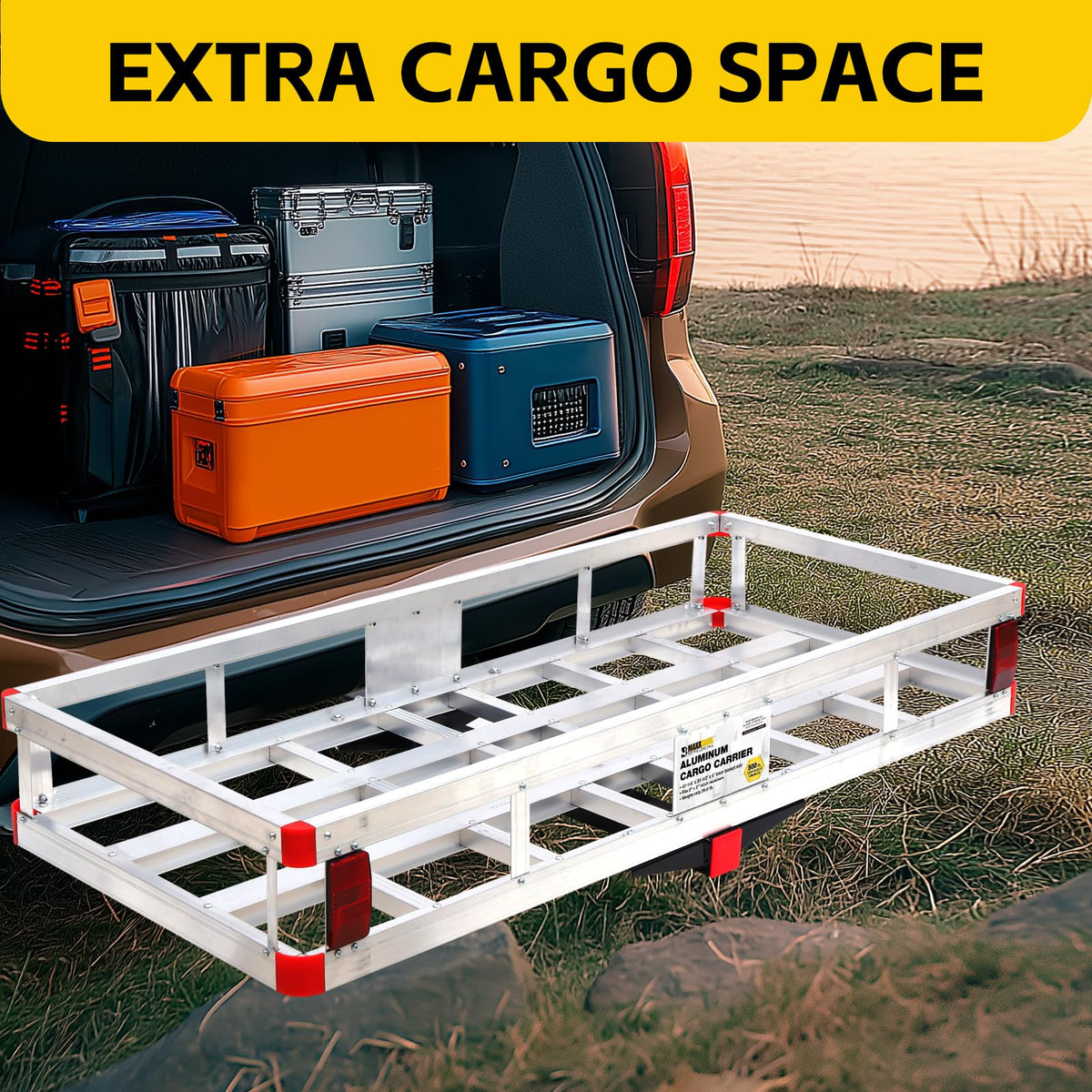 MaxxHaul carrier beside measuring tape showing dimensions for planning
