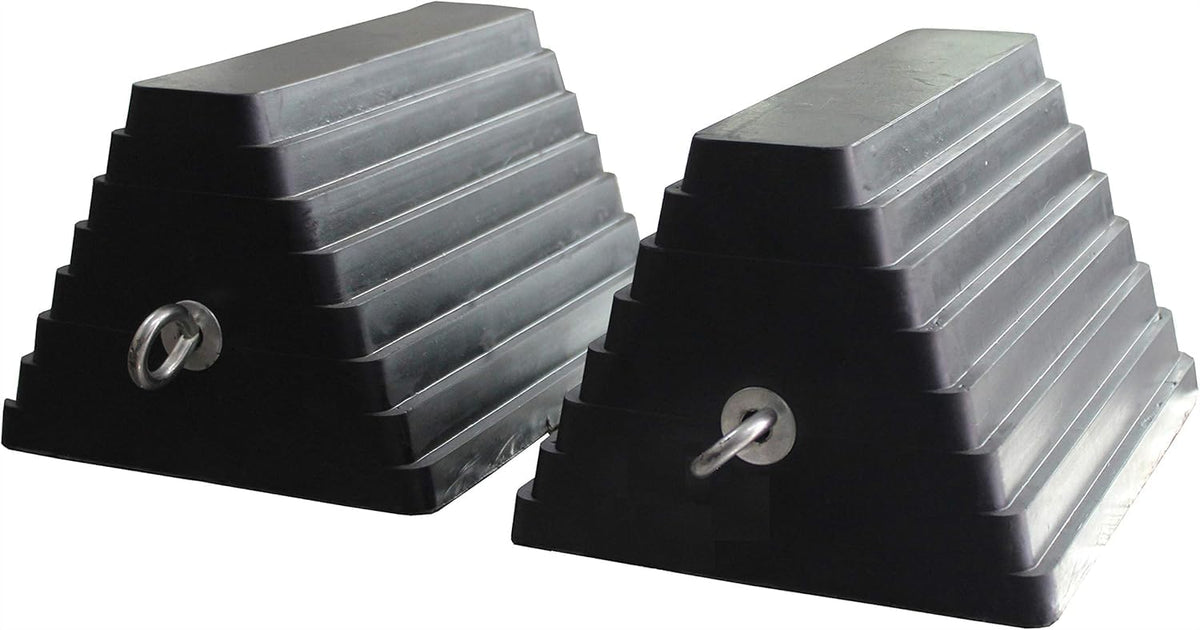 MaxxHaul chock placed at trailer wheel illustrating secure stability