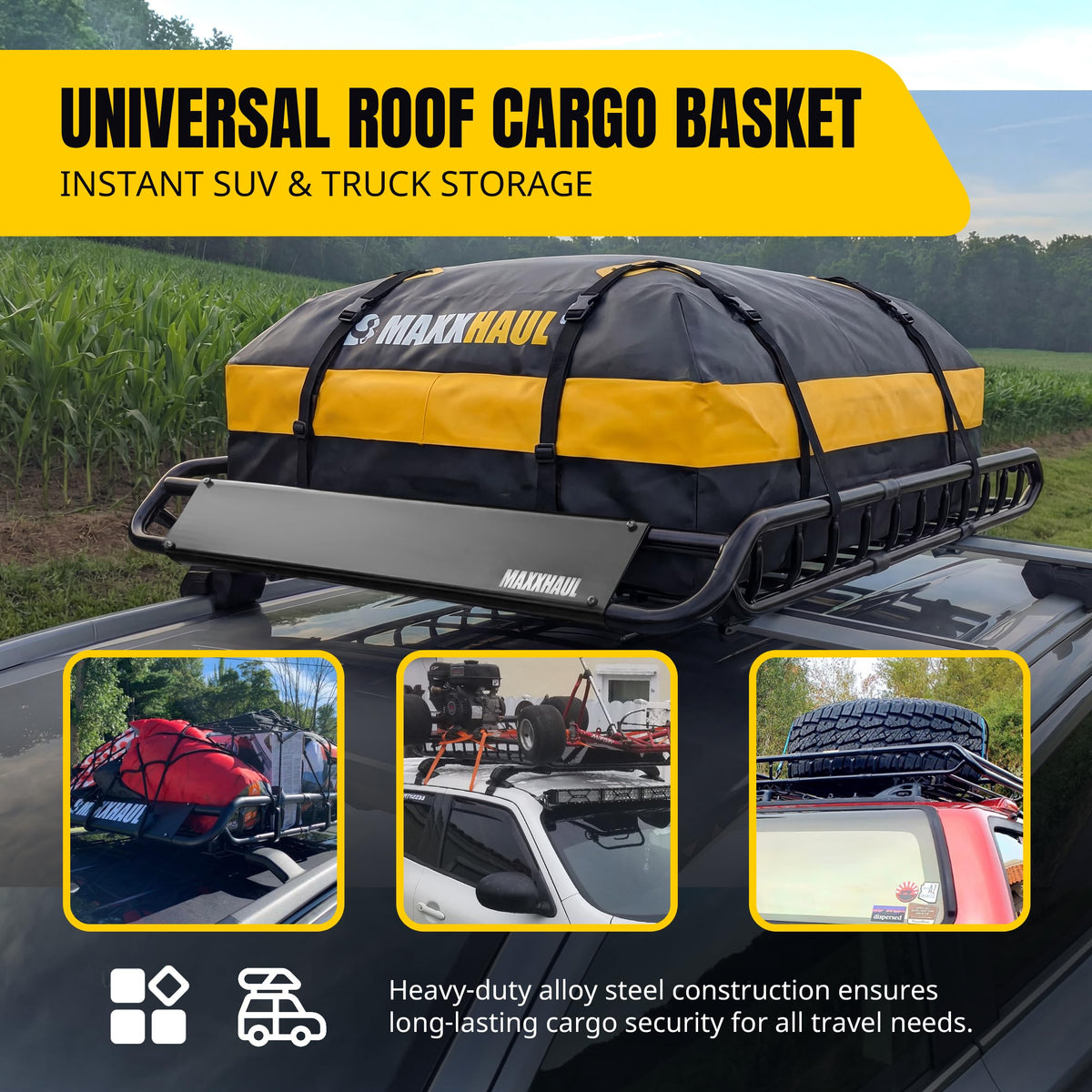 MAXXHAUL beside duffel bag for scale illustrating basket size and practical load planning