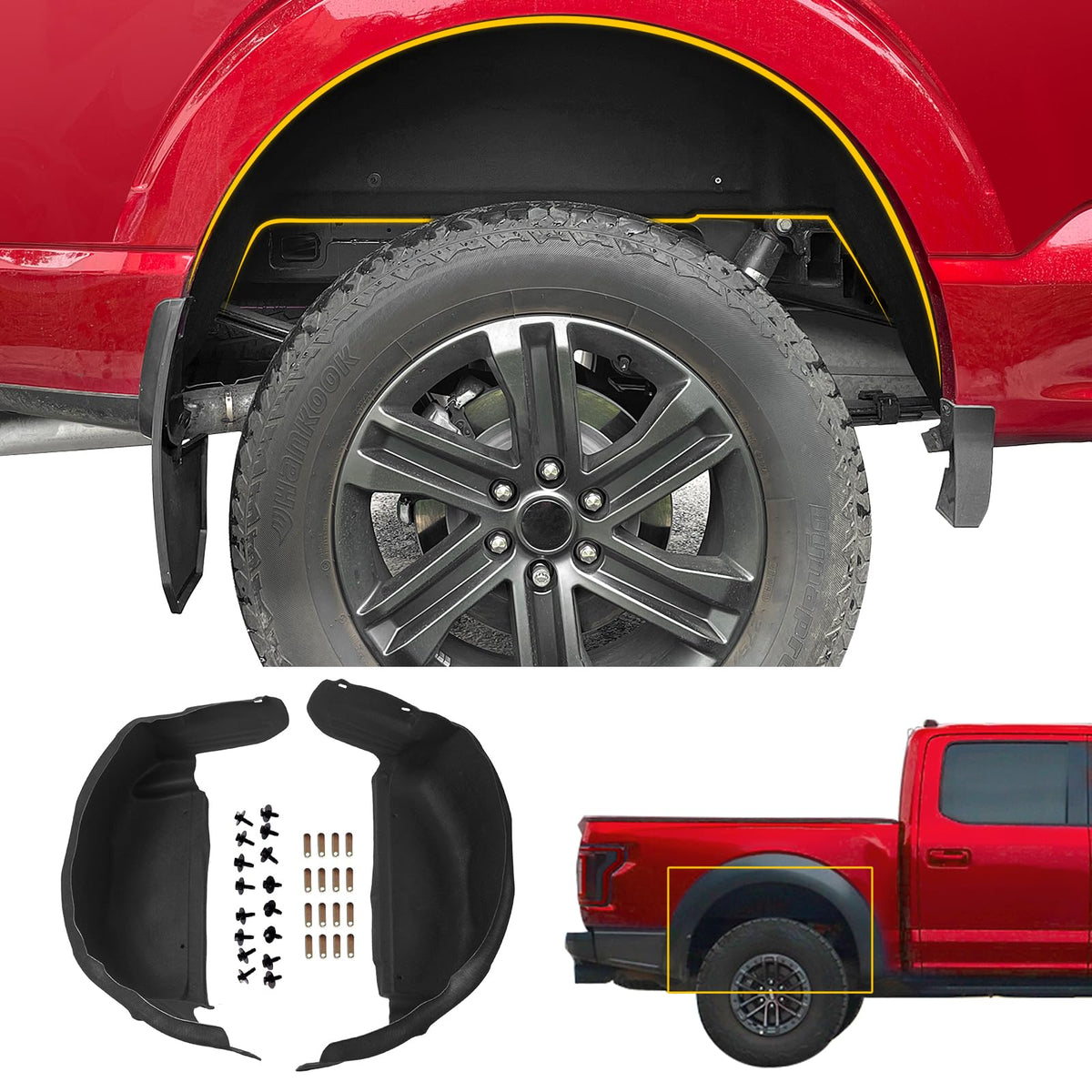 Maxzina rear wheel well liner front view showing precise fit for F-150 benefits protection
