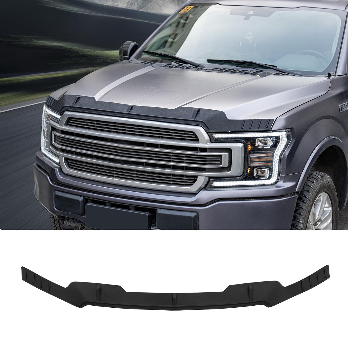 Maxzina hood protector front view installed showing clean profile and protection