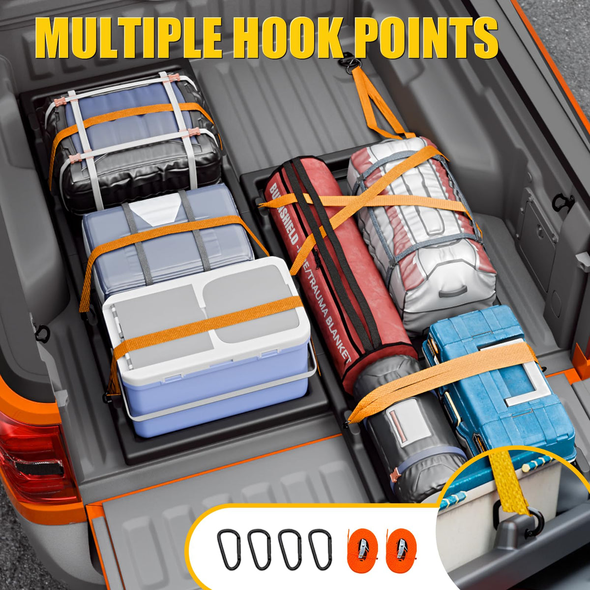 Maxzina installation straps attached to bed hooks for quick no-drill setup