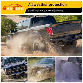 Maxzina lifestyle driving shot showing hood protector reducing windshield debris