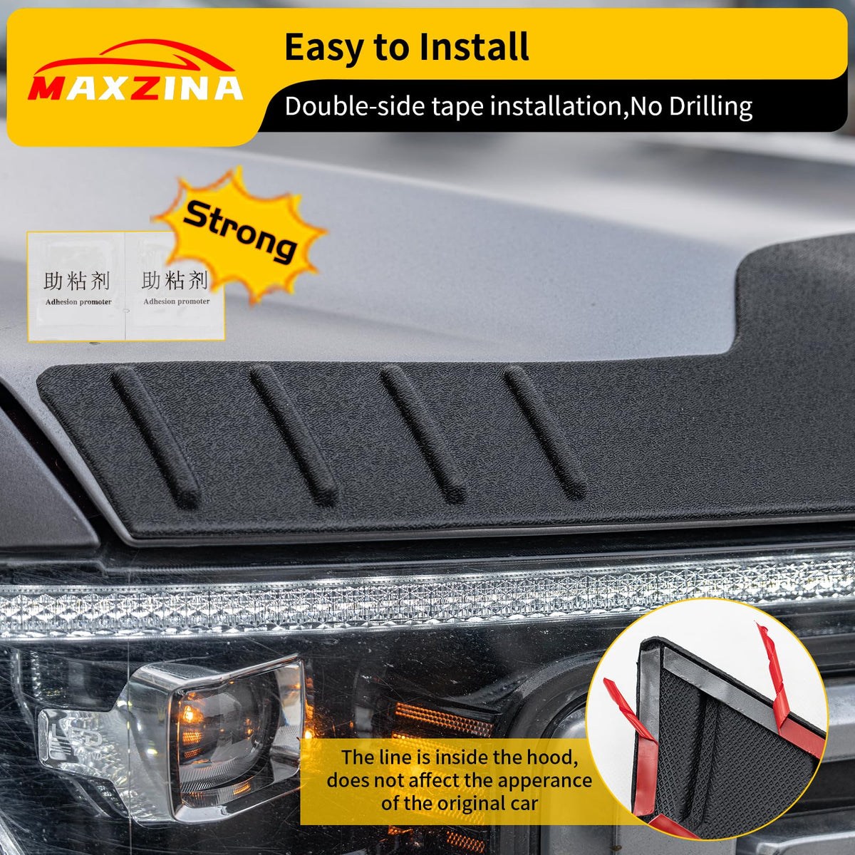 Maxzina scale comparison on F150 hood illustrating coverage area and fit