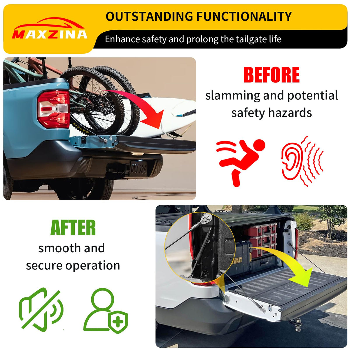 Maxzina installed on Ford Maverick demonstrating smoother, quieter tailgate lowering