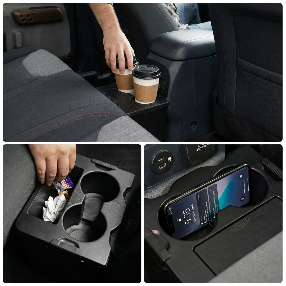 Maxzina lifestyle shot in Maverick backseat illustrating tidy interior benefit