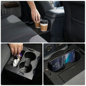 Maxzina lifestyle shot in Maverick backseat illustrating tidy interior benefit