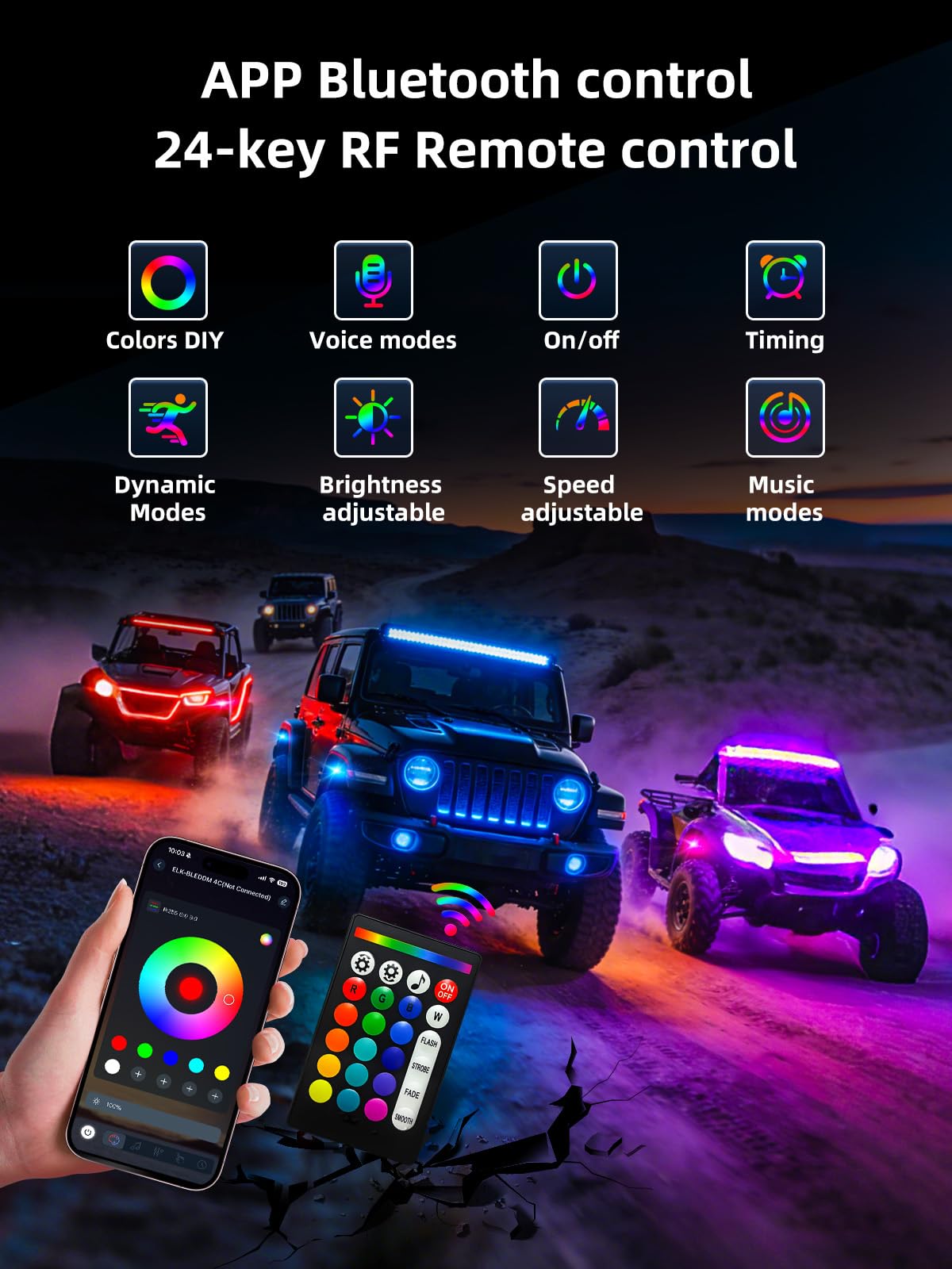 MAYELLO smartphone app and 24-key RF remote displayed for flexible control benefit