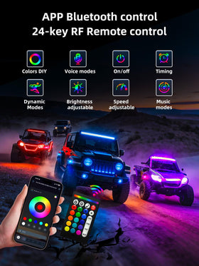 MAYELLO smartphone app and 24-key RF remote displayed for flexible control benefit