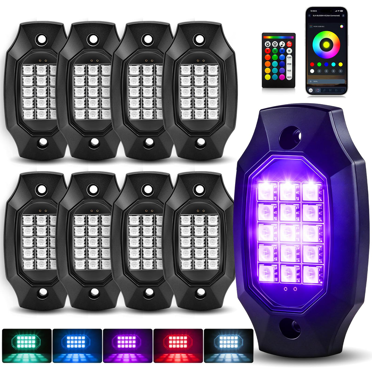 MAYELLO front view of 8 pod rock lights showing full kit and brightness benefits