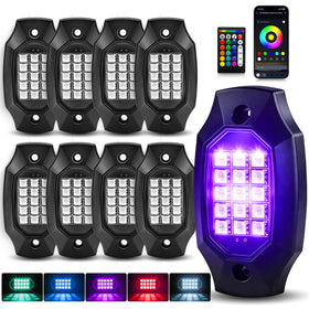 MAYELLO front view of 8 pod rock lights showing full kit and brightness benefits