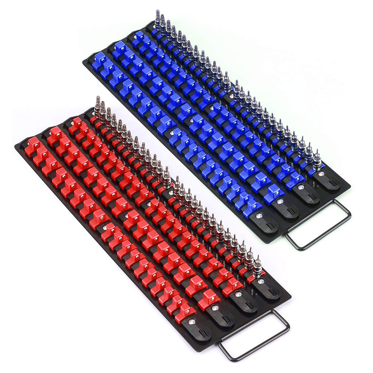 Mayouko front view of blue and red tray set showing compact portability and color coding