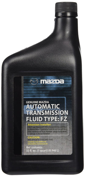 Mazda genuine ATF bottle front label showing part number and OEM identification benefits