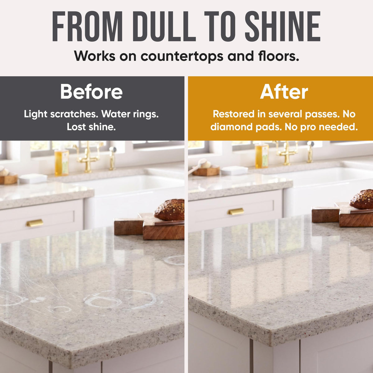 MB Stone Care polishing paste applied on marble, shows thick non-splashing paste