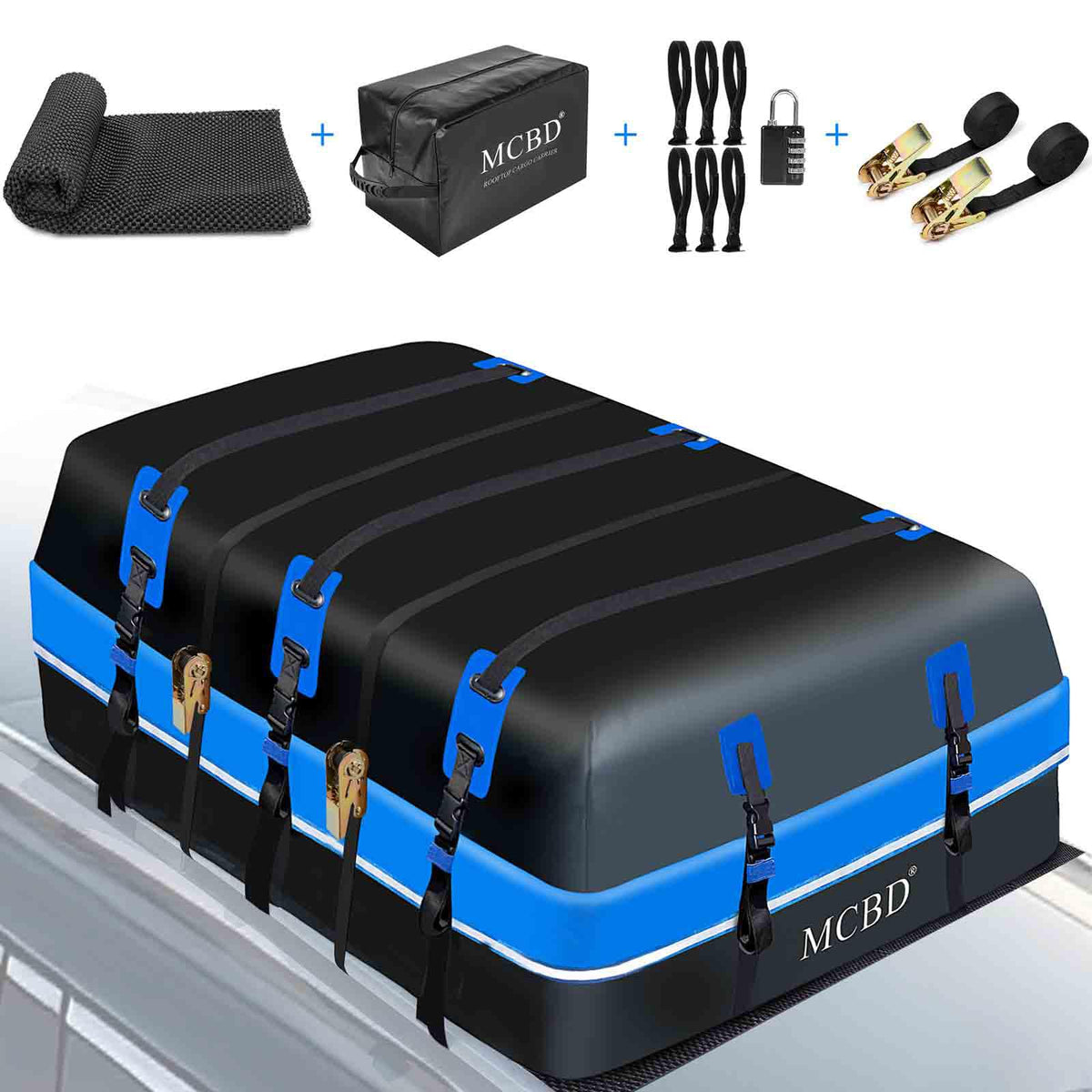 MCBD front view of blue rooftop bag showing zippered top and secure storage benefit