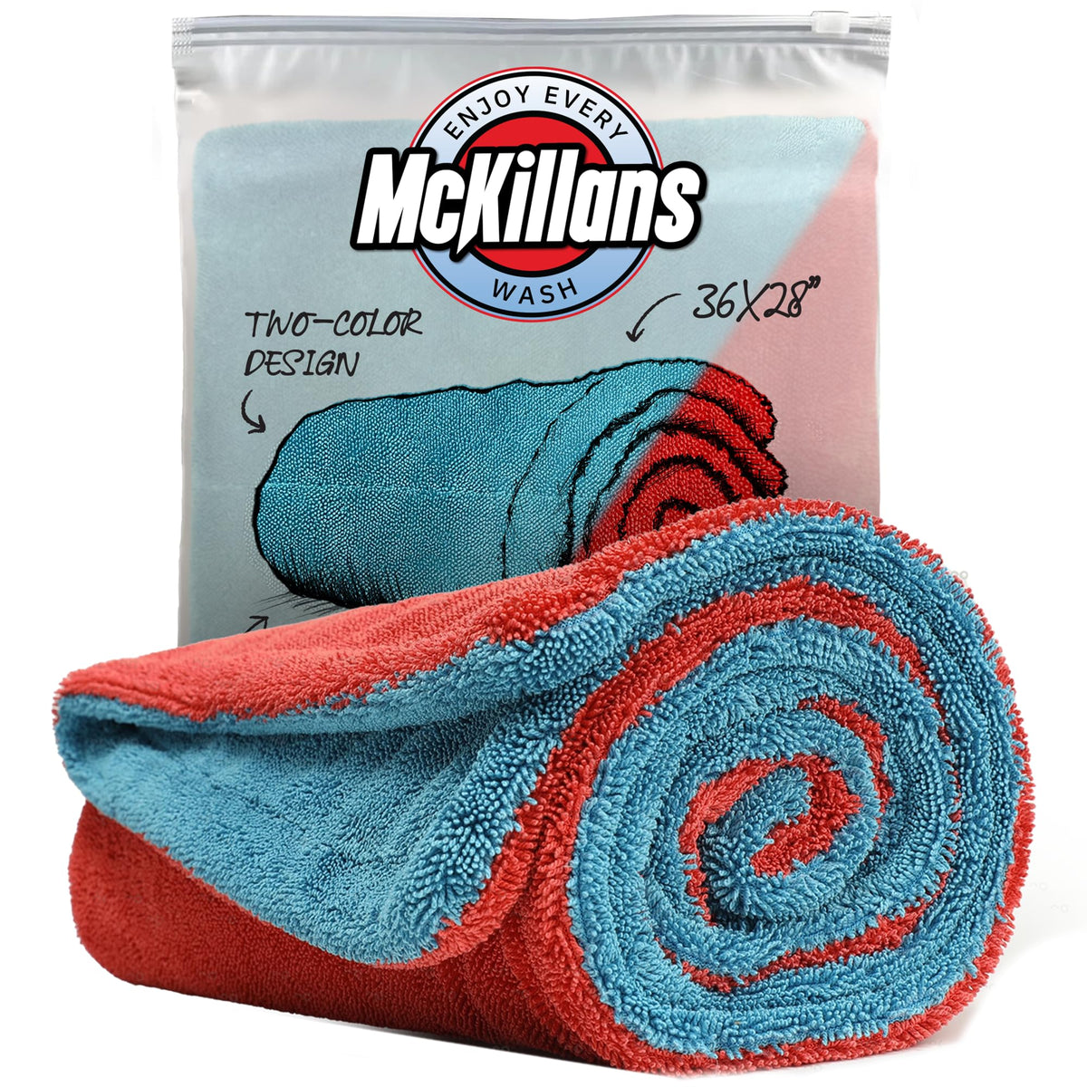 McKillans front view of XL towel showing size and dual-color design for fast drying