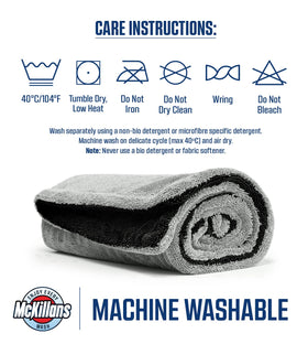 McKillans towel in garage with car indicating professional detailing convenience