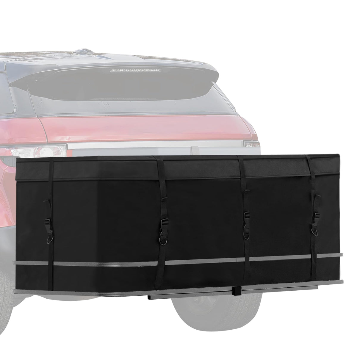 MDSTOP front view on hitch basket protecting luggage from weather
