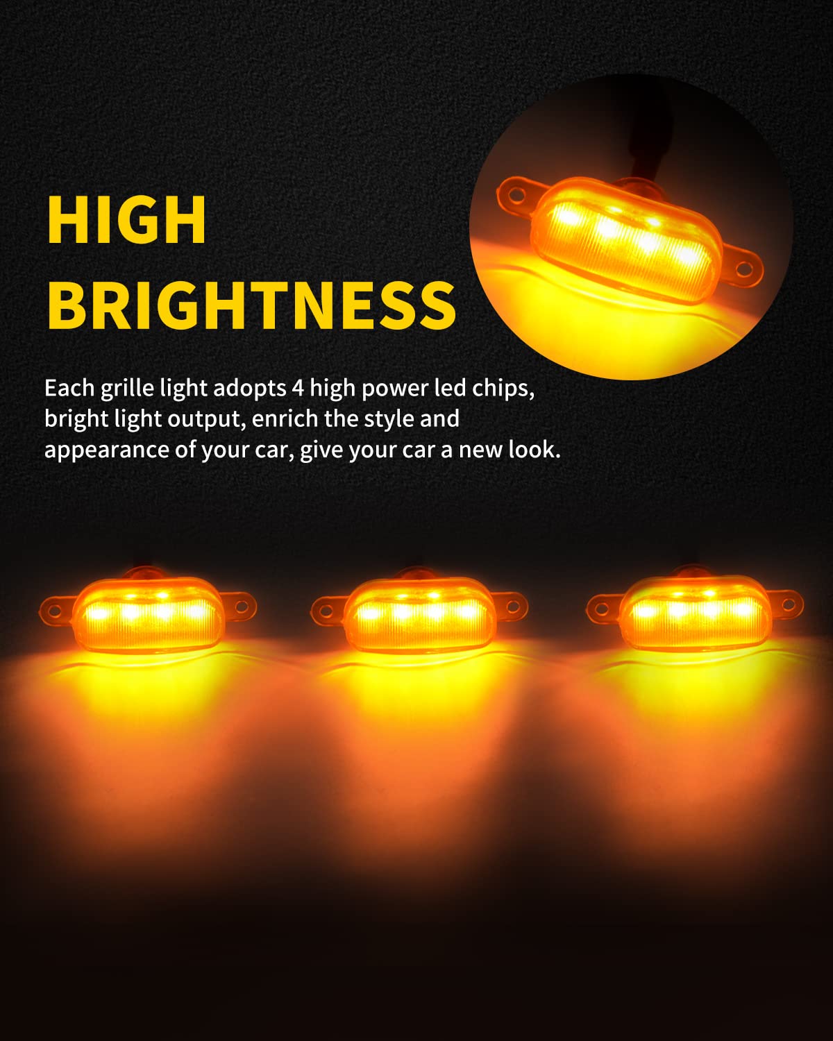 MEALAM close-up of amber LED lens highlighting durable finish and bright output