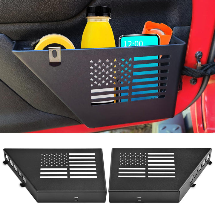 MEALAM front door box mounted in Jeep Wrangler providing organized storage