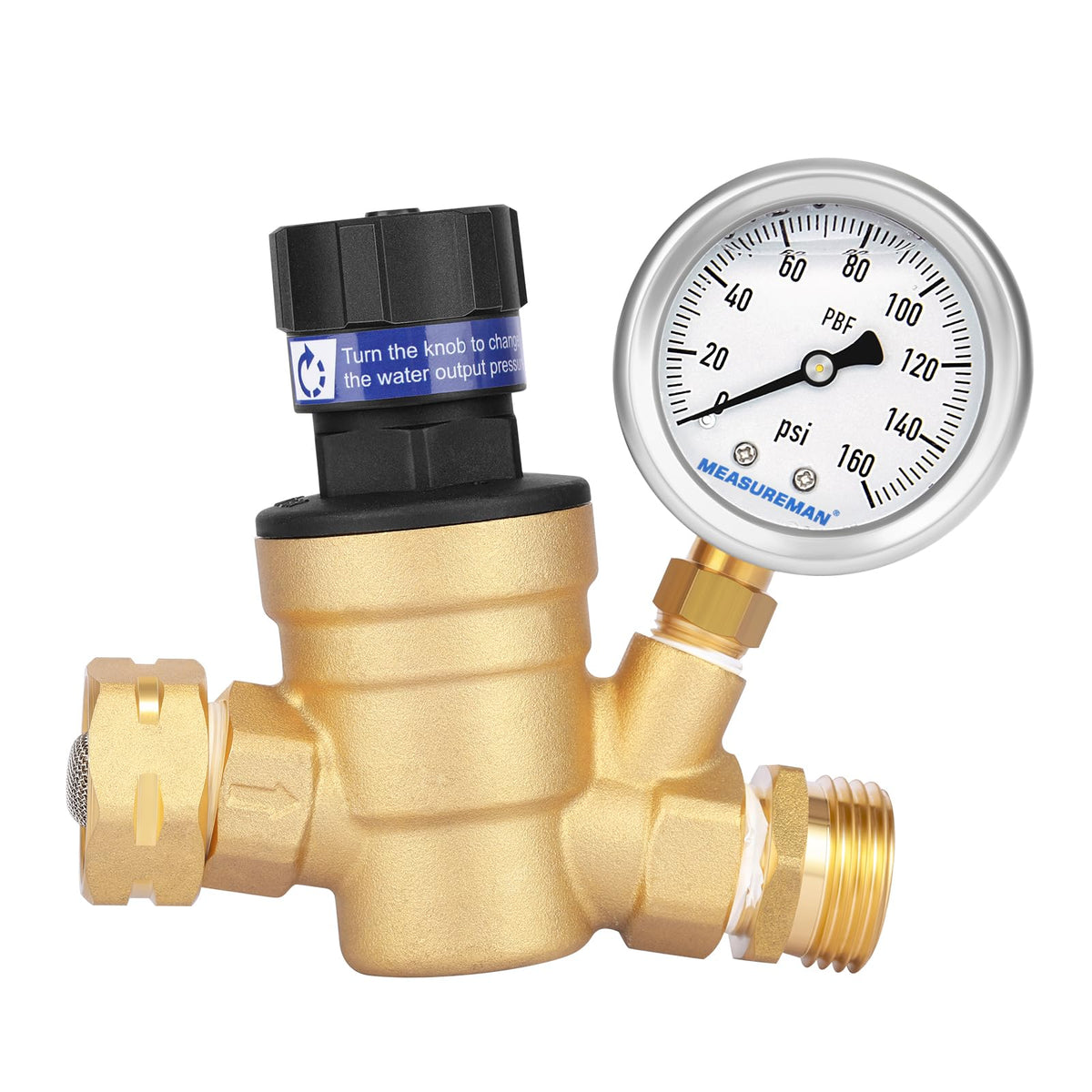 MEASUREMAN front view regulator showing fittings and durable brass benefit