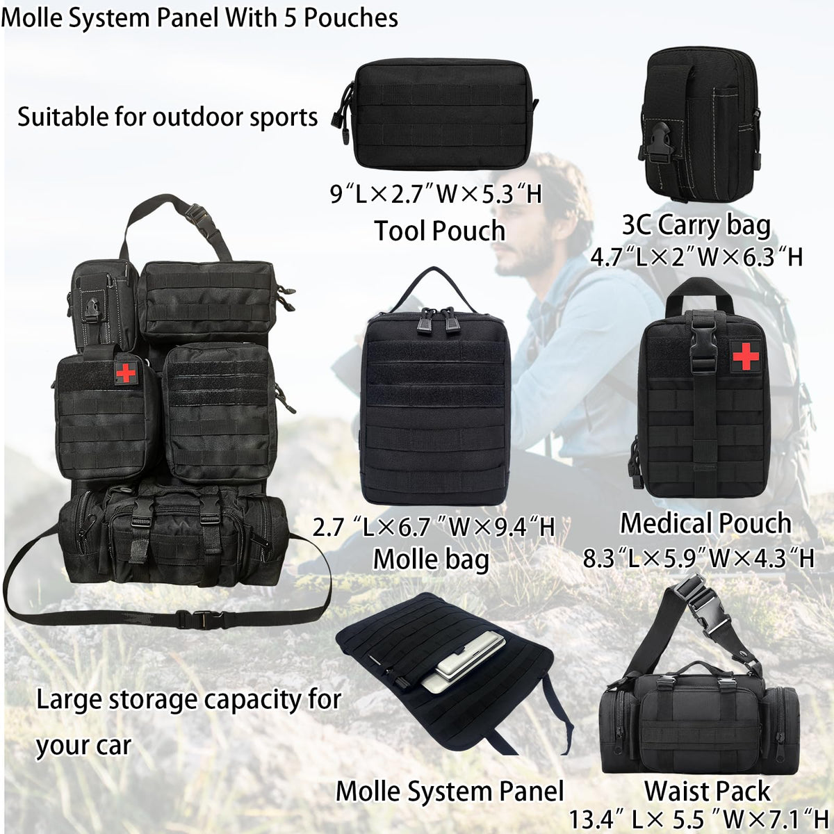 MEAUTELE detachable pouches laid out for modular carry and organization