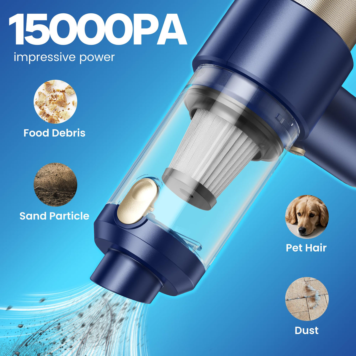 Mecanto close-up of included nozzles and HEPA filter, flexible cleaning benefit