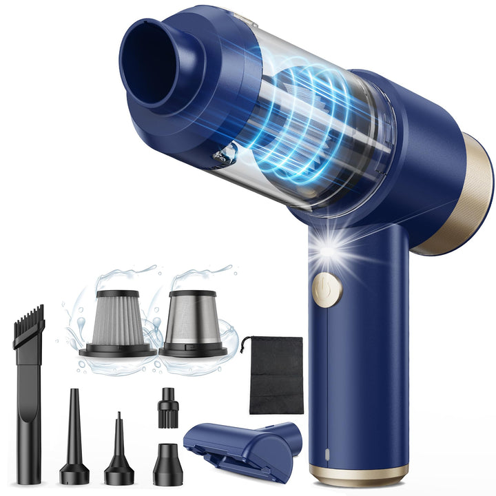 Mecanto front view showing compact blue housing and controls, easy storage benefit