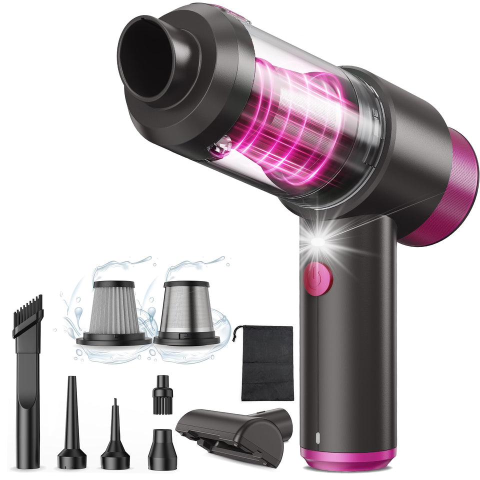 Mecanto front view showing compact pink handheld vacuum and controls for quick cleaning