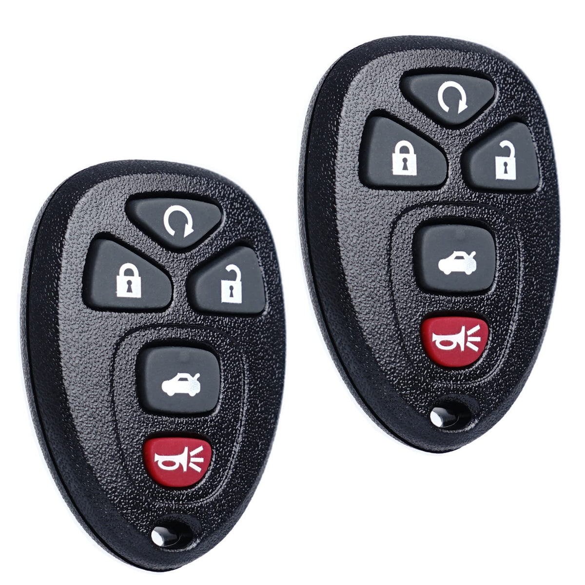 MechanMagic front view of two remotes showing five-button layout and easy replacement benefit
